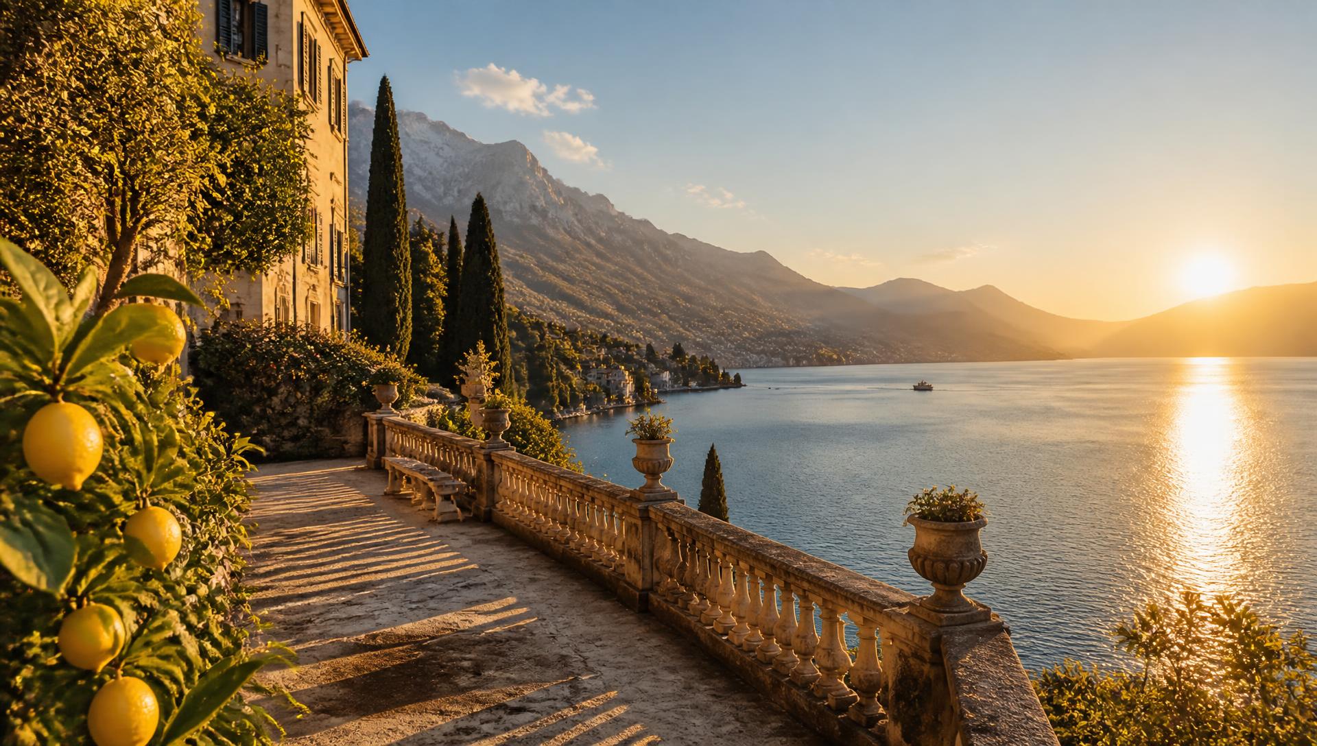 Lake Garda at golden hour framed by cypress and olive trees